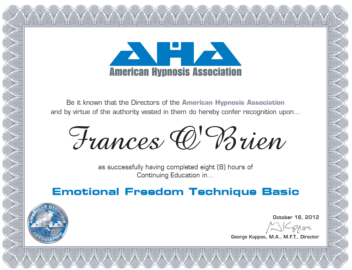 Frances OBrien AHA Emotional Freedom Technique diploma