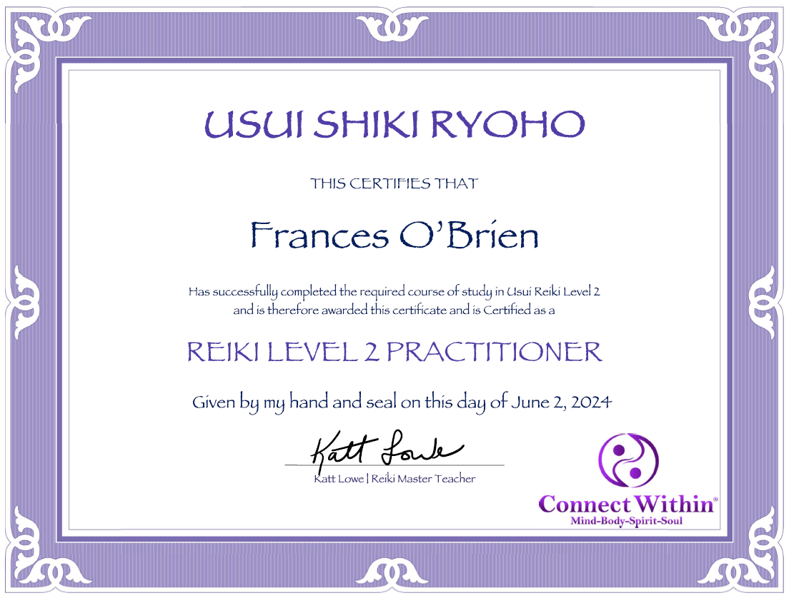 Frances OBrien Connect Within Reiki Level 2 Practitioner Diploma